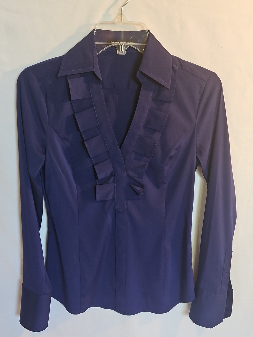 Express Women's Blue Ruffle-Trim Long Sleeve Shirt